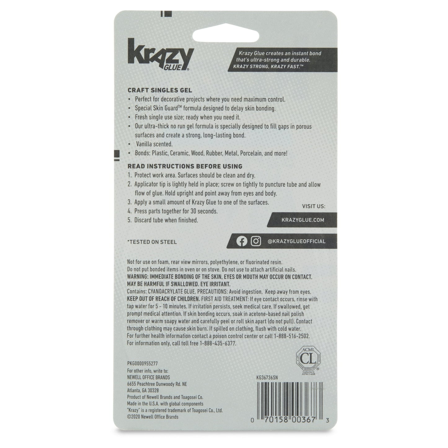 Elmer's Instant Krazy Glue, All-Purpose Single Tube, 4-Tube/Pkg.