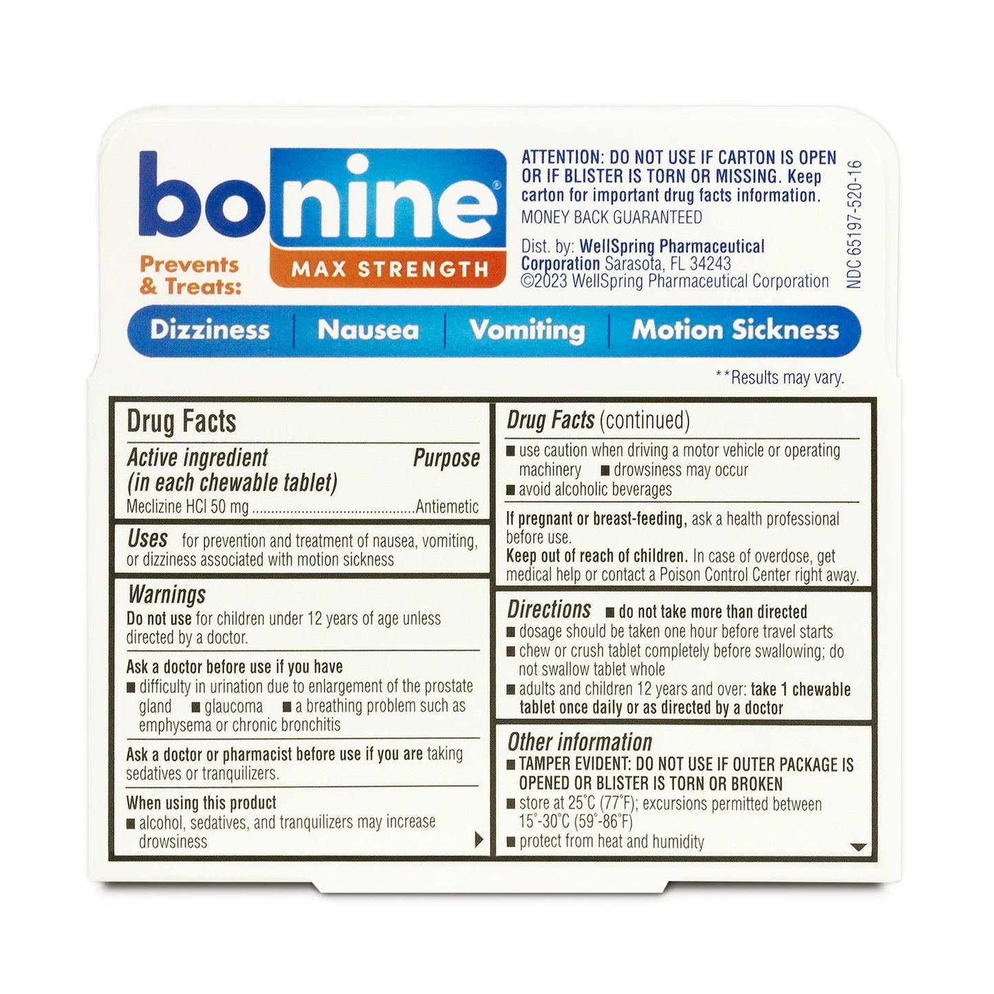 Bonine Max Strength Motion Sickness & Nausea Relief, Chewable Tablets, Peppermint, 16 ct