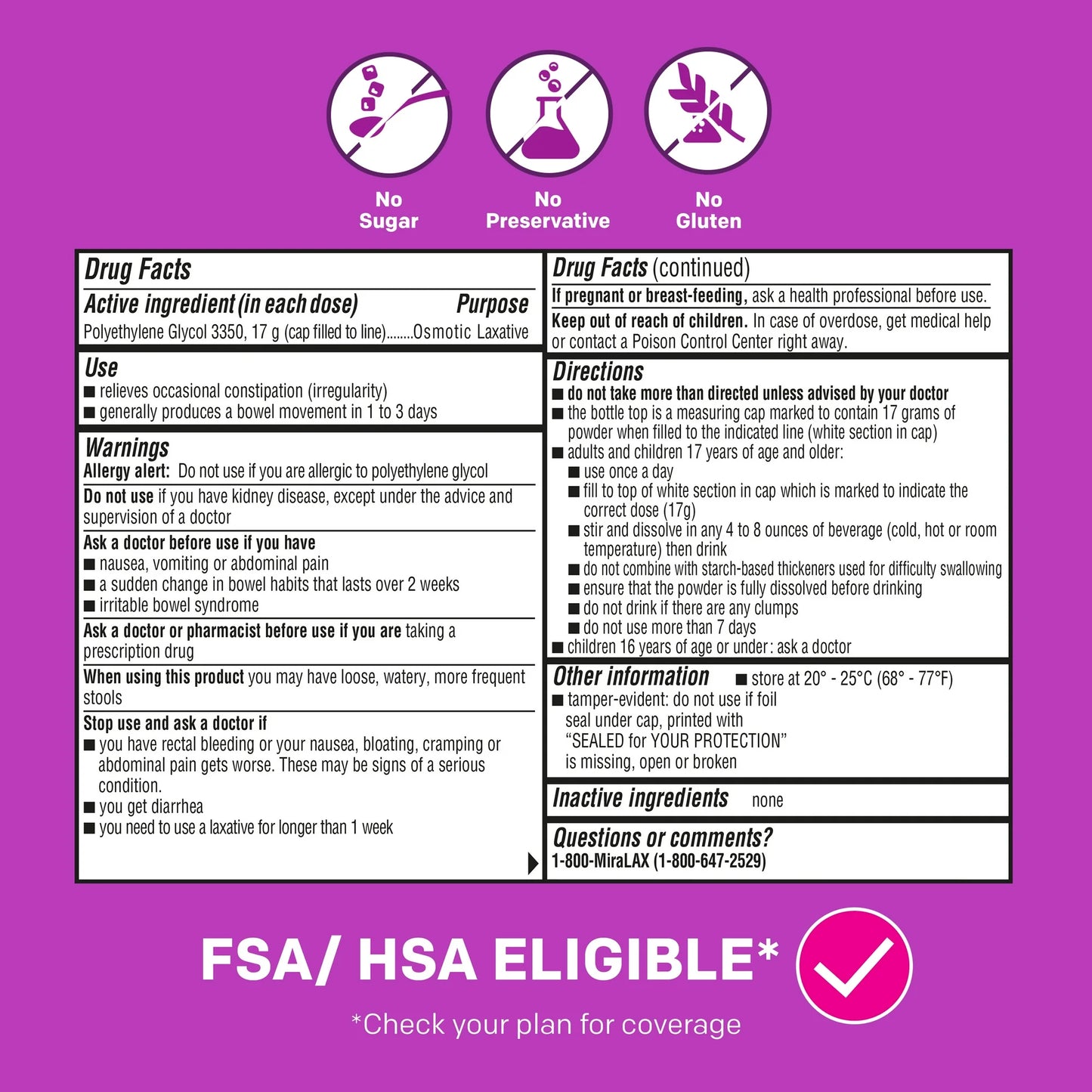 MiraLAX Laxative Powder for Gentle Constipation Relief, No Sudden Urgency, 14 Dose