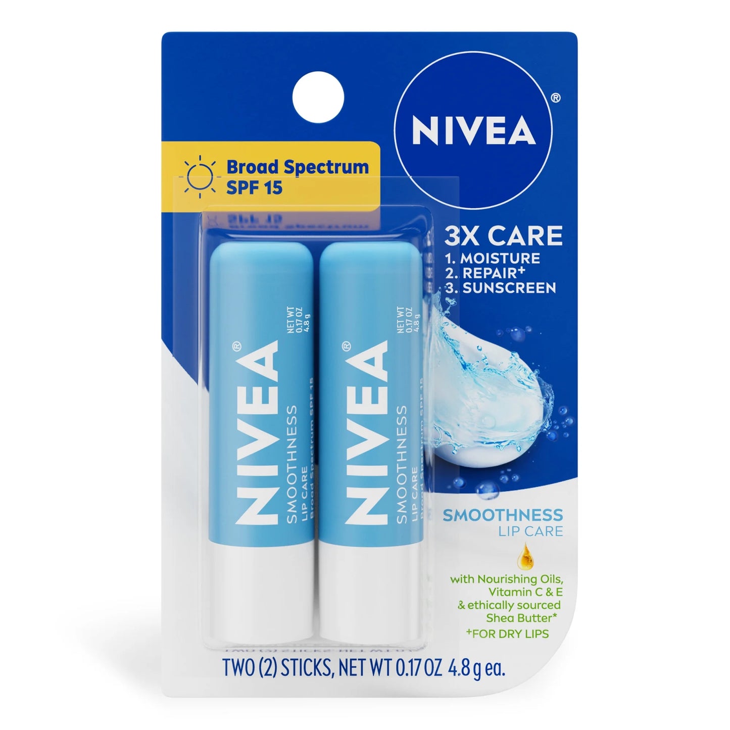 NIVEA Smoothness Lip Care, Lip Balm SPF 15 with Shea Butter, 0.17 oz Stick, Pack of 2
