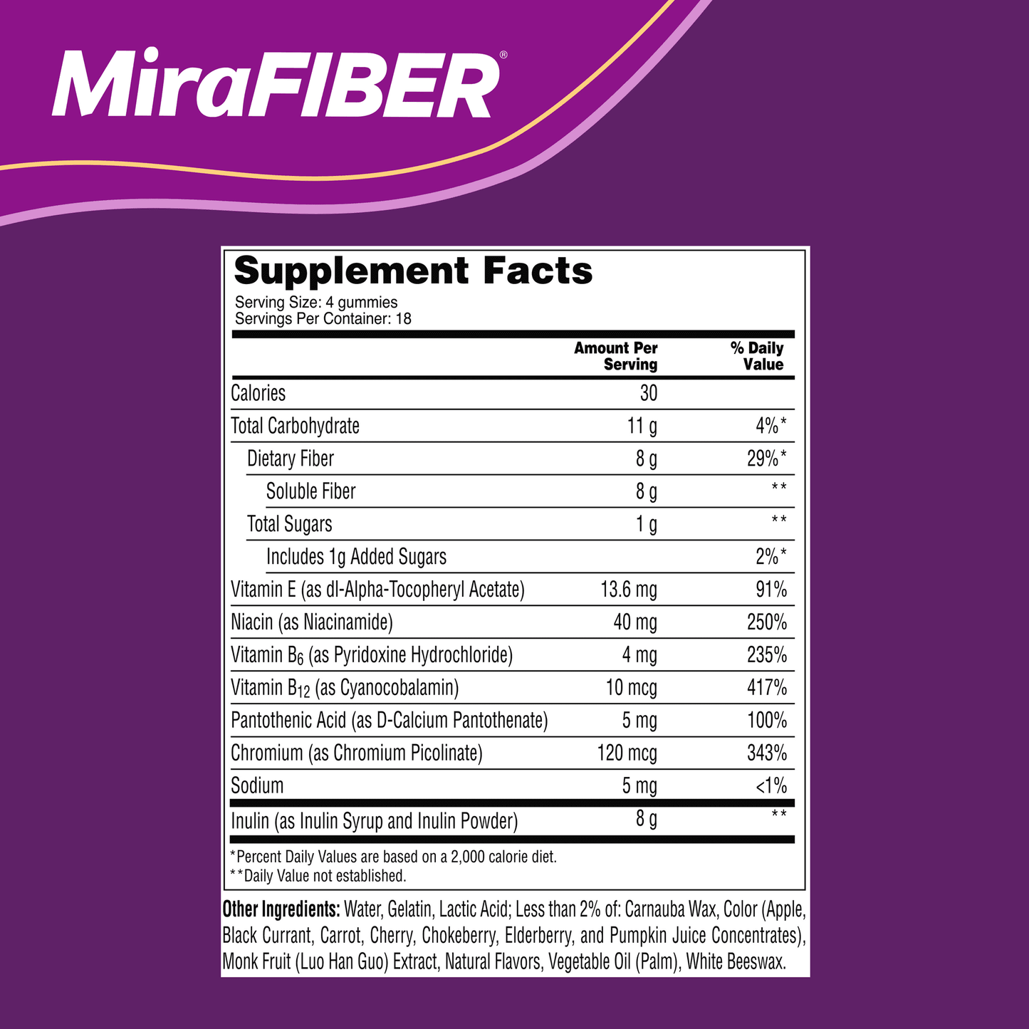 MiraFIBER Gummies, 8g Prebiotic Fiber and Metabolism Support, 72 Count