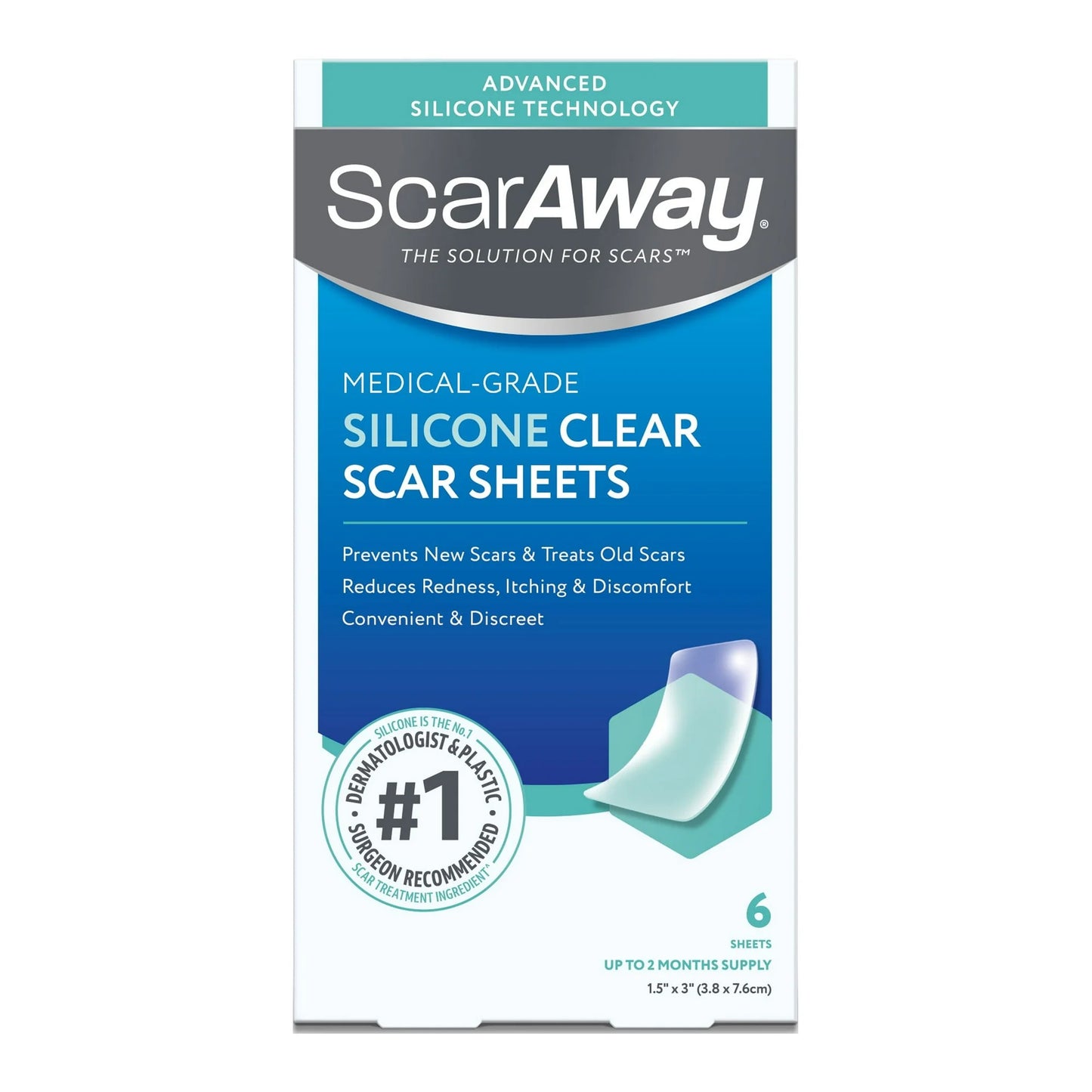 ScarAway Silicone Scar Sheets Shrink, Flatten and Fade Scars, Clear, 6 Count