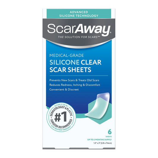ScarAway Silicone Scar Sheets Shrink, Flatten and Fade Scars, Clear, 6 Count